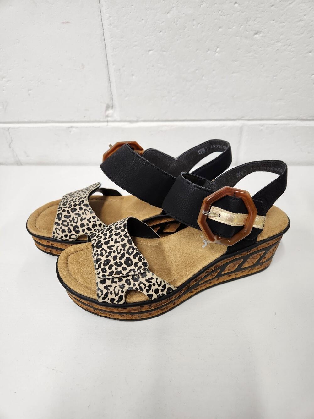 Rieker Women's 68176 Rose Wedge Sandals, Size 38 (7-7.5) In Ginger/Schwarz/Gold